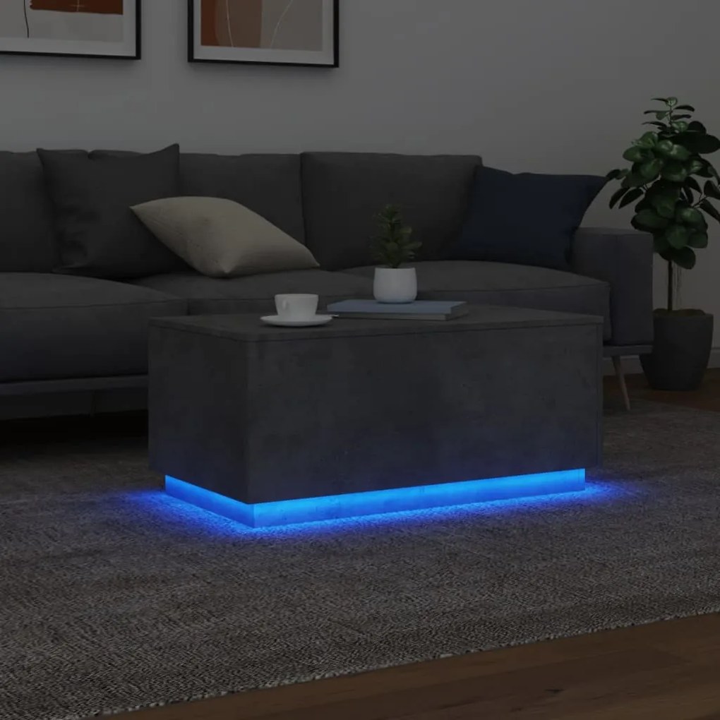 Betonszürke dohányzóasztal LED-lámpákkal 90x50x40 cm