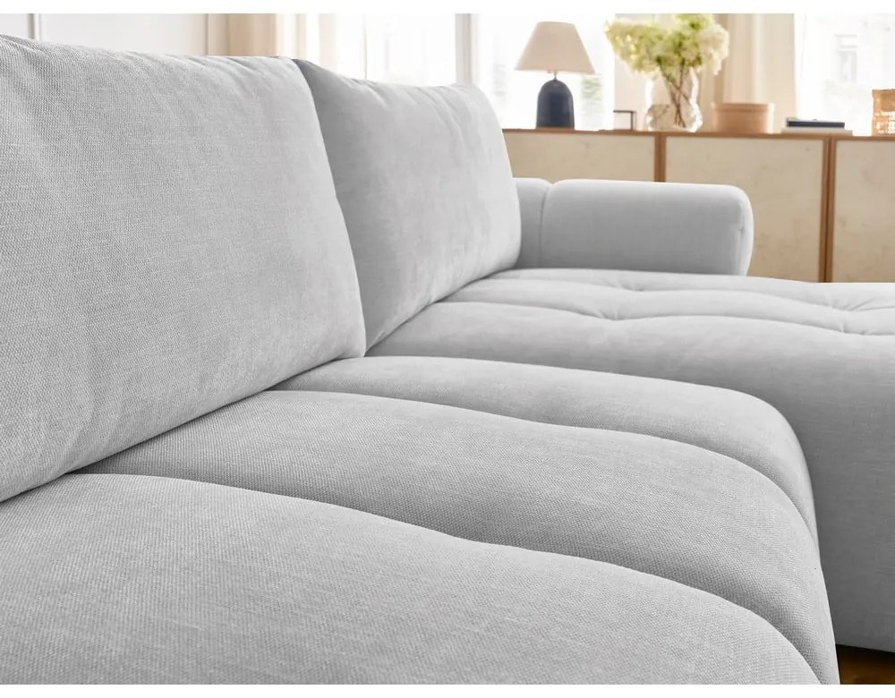 Világosszürke kinyitható-tárolóhelyes sarokkanapé (jobb oldali-heverő résszel) Fuji – Bobochic Paris