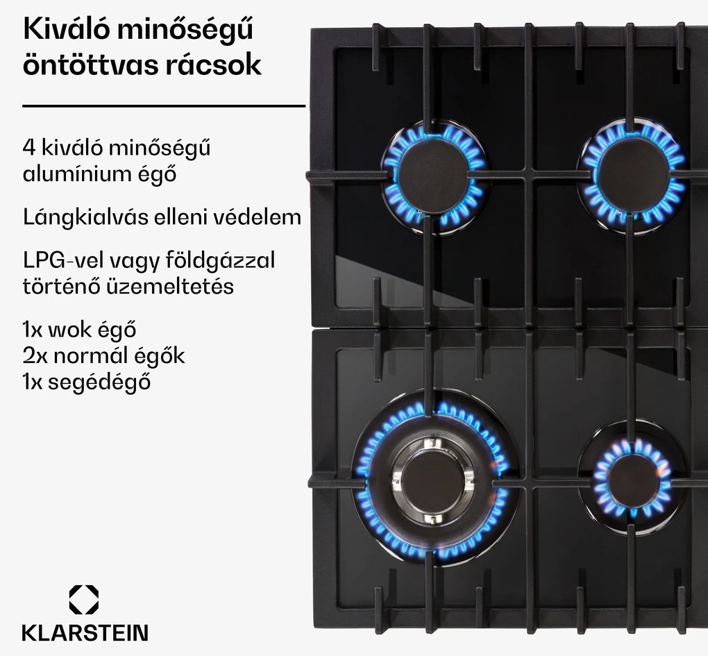Klarstein Ignito 4, gázfőzőlap, 4 Sabaf égő, üvegkerámia, fekete