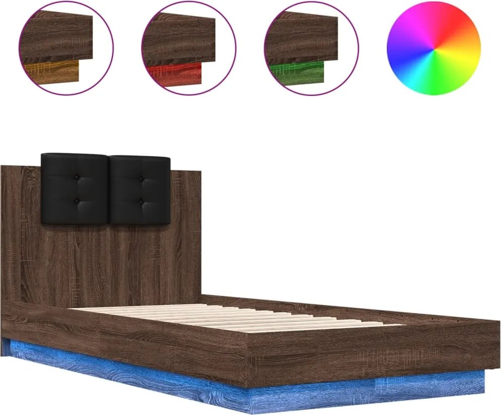 vidaXL barna tölgy színű ágykeret fejtámlával és LED-ekkel 90 x 190 cm