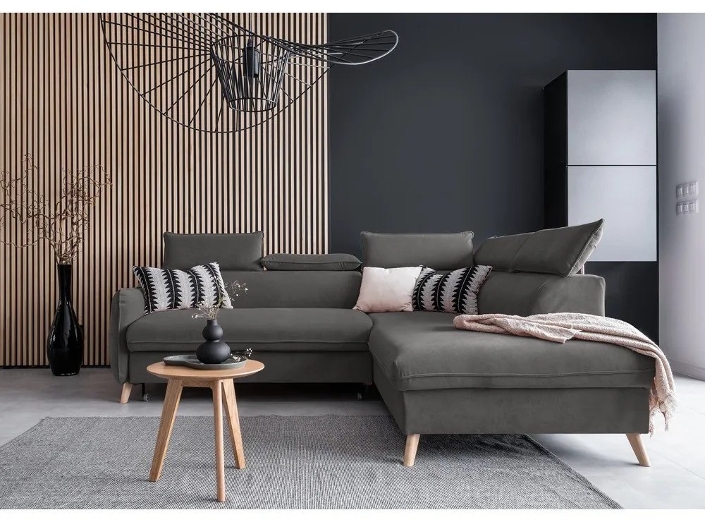 Sötétszürke bársony kinyitható sarokkanapé (jobb oldali) Sweet Harmony – Miuform