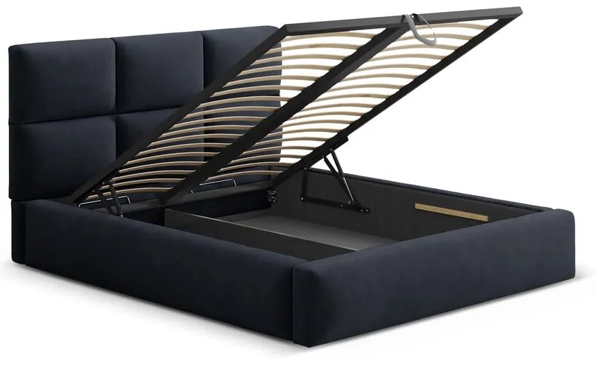 Sötétkék kárpitozott ágyneműtartós franciaágy ágyráccsal 160x200 cm Libera – Windsor & Co Sofas