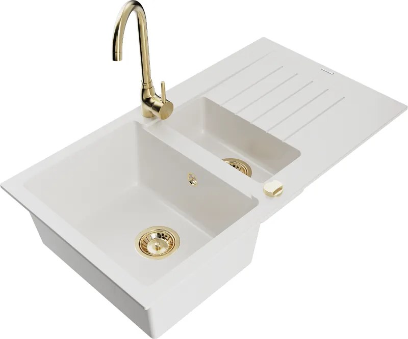 Mexen Matias gránit mosogató 1,5 kamrás csepegtetővel és Telma konyhai csappal, fehér - 6502-20-670200-50