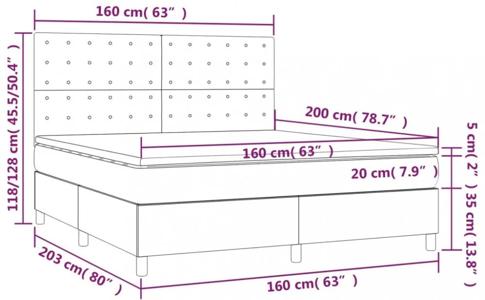 világosszürke szövet rugós és LED-es ágy matraccal 160x200 cm