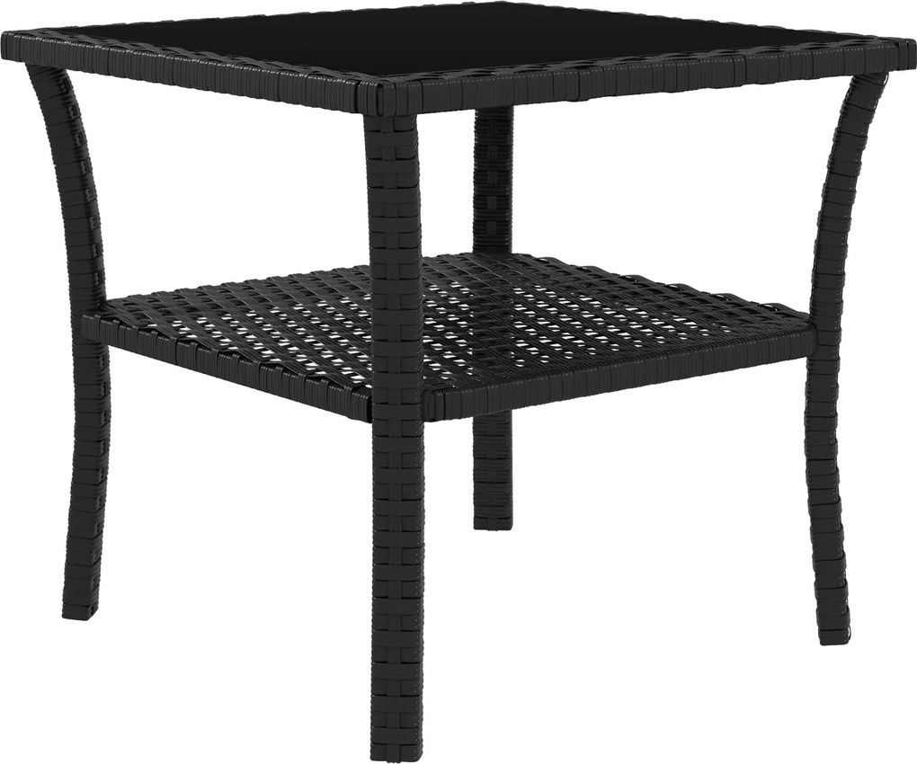 Outsunny kültéri PE-rattan kisasztal, 50 x 50 x 45 cm – időjárásálló négyzet bistroasztal polccal és edzett üveg felsővel, 4 személyes, fekete | Aosom
