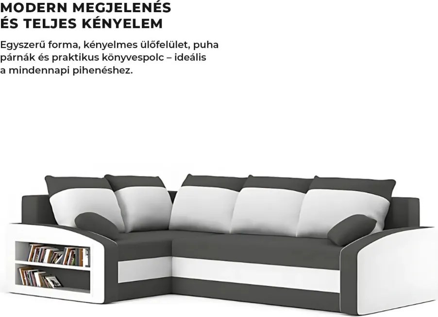 Grande sarokkanapé polcokkal , polc a bal karfaban, baloldali, szövet anyag, hab töltet, szürke - fehér