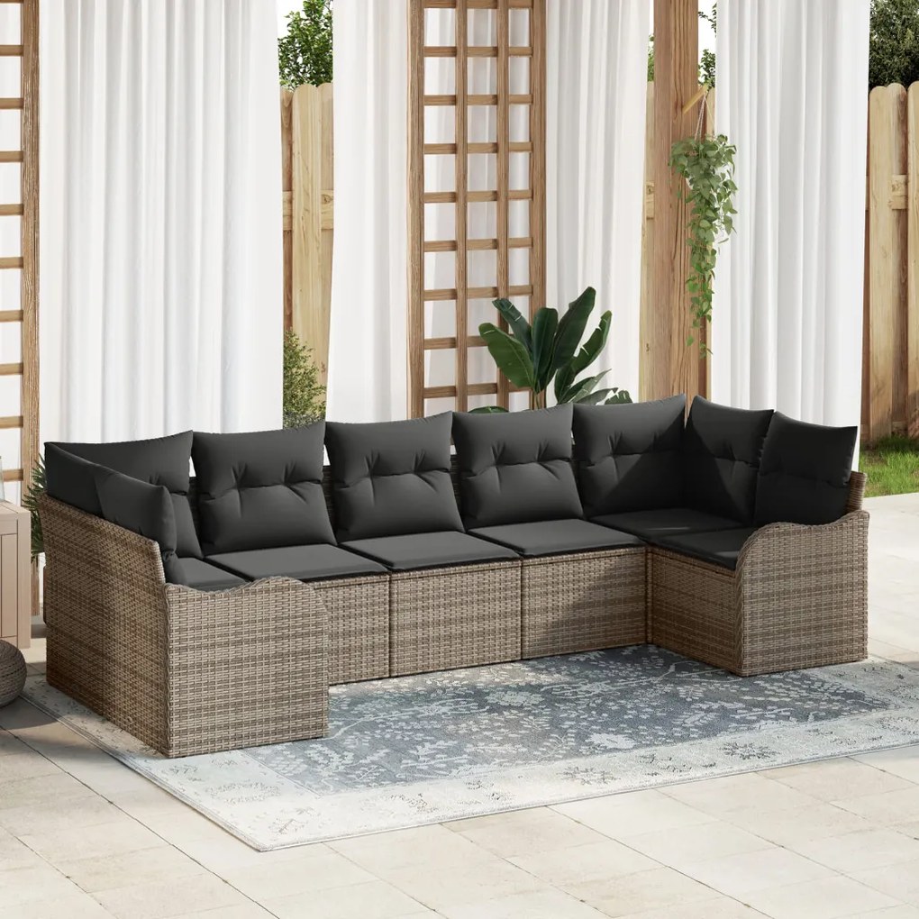 7 darabos kertkanapé szett párnákkal szürke poli rattan, 2 személyes kertkanapé párnákkal szürke poli rattan