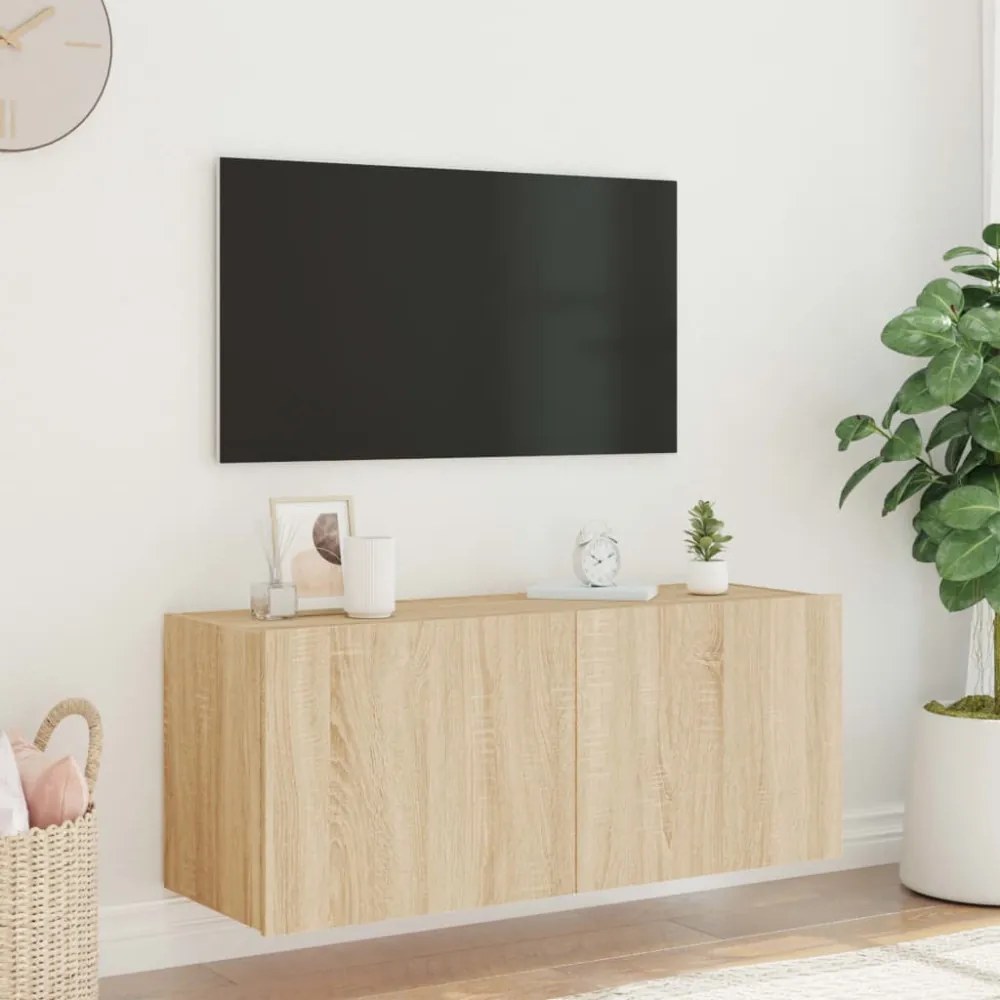sonoma tölgy színű fali TV-szekrény LED-ekkel 100 x 35 x 41 cm