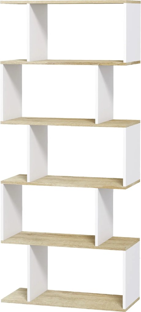 HOMCOM Északi Stílusú Könyvespolc 5 Stabilitást Növelő Polccal 25 kg Terhelhetőséggel Tanulmányi Irodához vagy Nappaliba 70x29.5x163 cm Tölgy és Fehér