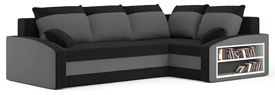 Grande sarokkanapé polcokkal , polc a jobb karfaban, jobboldali, szövet anyag, bonell töltet, fekete - szürke