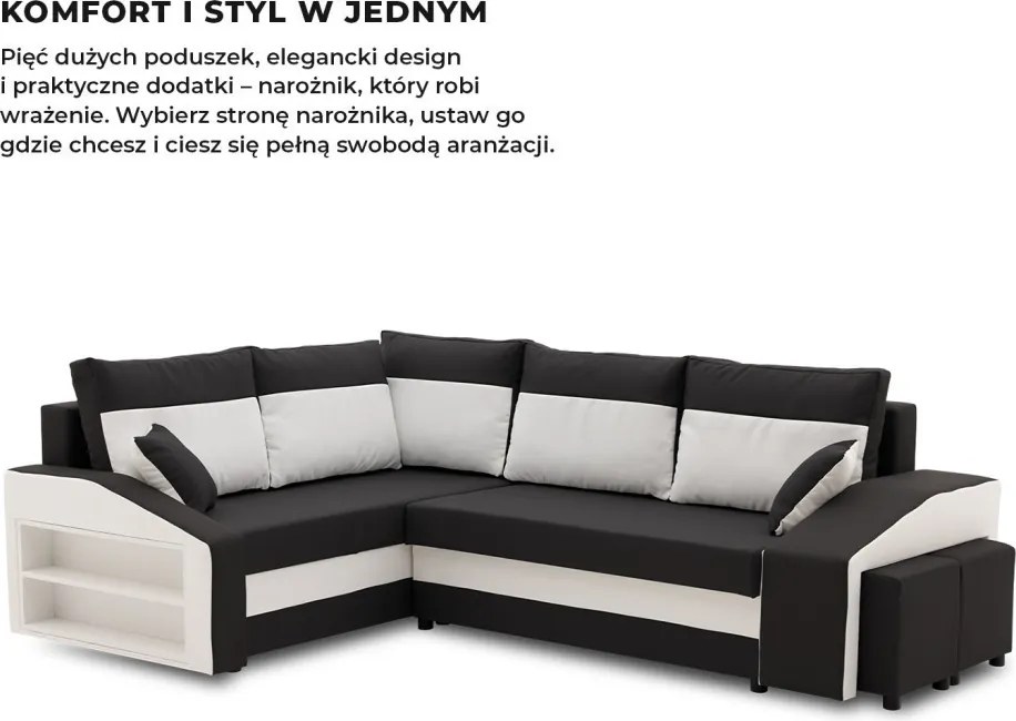Grande sarokkanapé polcokkal és puffokkal , polc a bal karfaban puffok a jobb karfaban, baloldali, szövet anyag, hab töltet, fekete - fehér