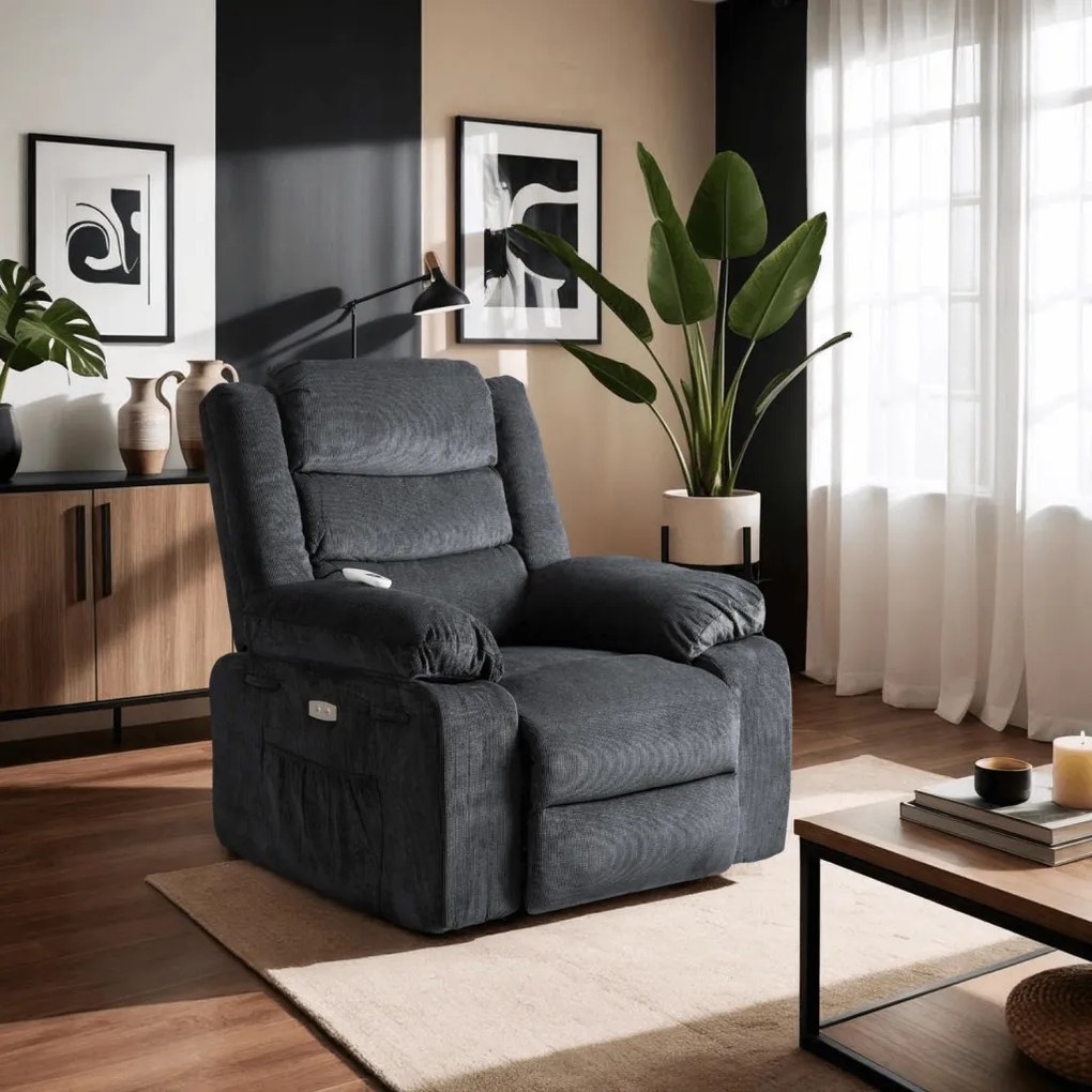 Elektromosan Vezérelhető Masszázsfunkciós Relaxfotel Sötétszürke Színben. JASPER