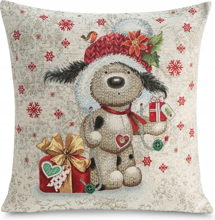 Karácsonyi párnahuzat 45x45 Chp bézs piros gobelin maci