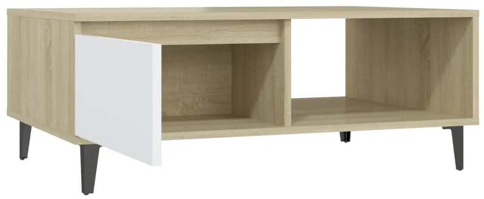 Fehér és tölgyszínű szerelt fa dohányzóasztal 90 x 60 x 35 cm