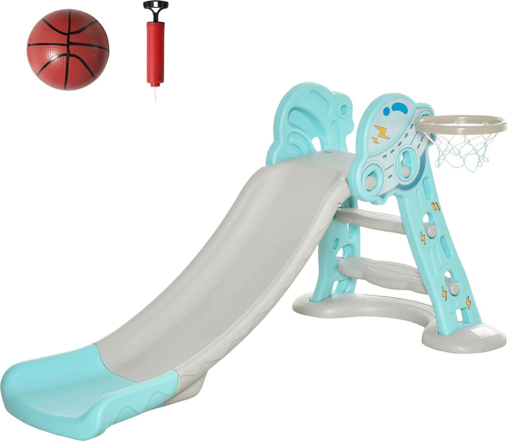 HOMCOM Gyerekcsúszda +18 hónaposoknak Összecsukható 2 az 1-ben Kosárlabdás Modell Fóka Játék Beltéri és Kültéri Használatra 140x87x75 cm Kék és Szürke