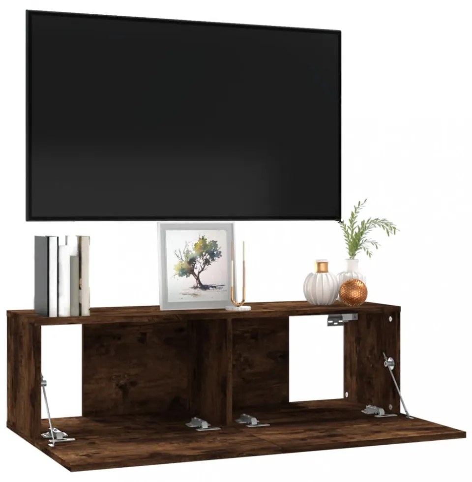 füstös tölgy színű szerelt fa fali TV-szekrény 100 x 30 x 30 cm