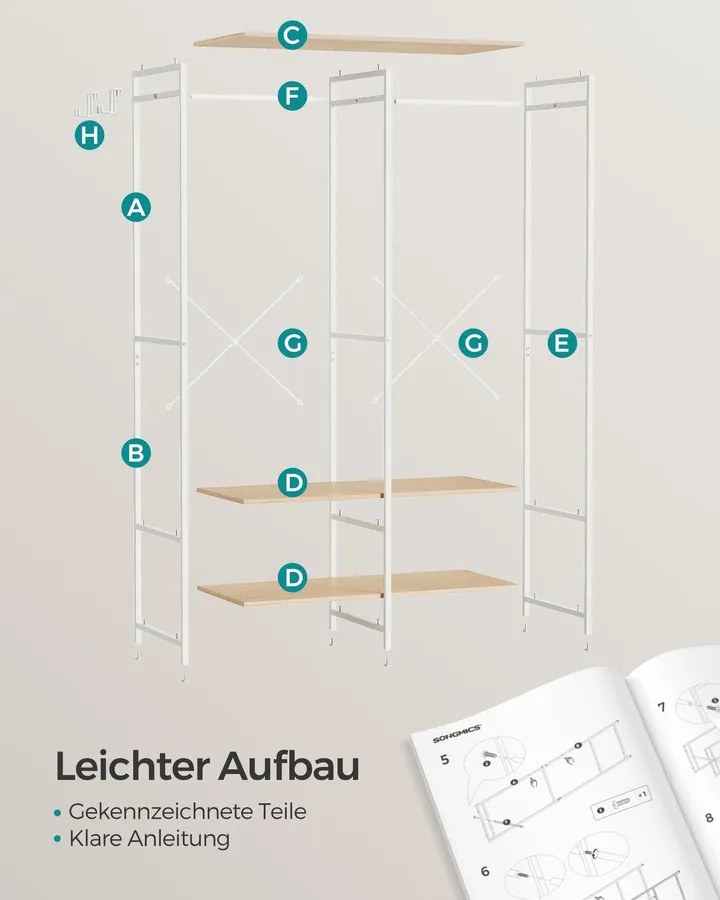 SONGMICS nyitott ruhásszekrény akasztóval és polcokkal, 40 x 94,5 x 180 cm, bézs