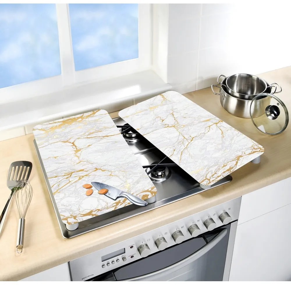 Fehér-aranyszínű edzett üveg tűzhely fedőlap szett 2 db-os 30x52 cm Marble – Wenko
