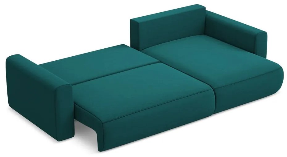 Türkiz bársony kinyitható-tárolóhelyes sarokkanapé (jobb oldali-heverő résszel) Kapua – Makamii