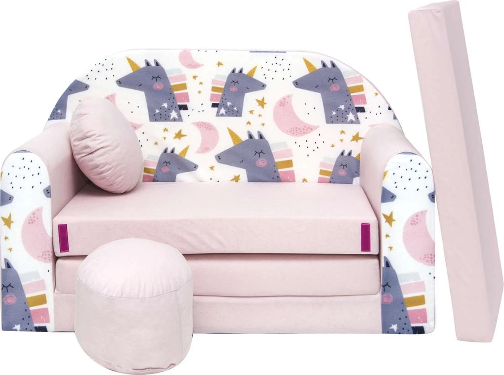 Nyitható mini  kanapé gyerekeknek + ajándék puffal - unikornis