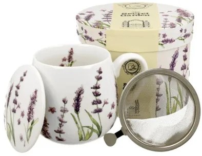 Porcelánbögre tetővel, fémszűrővel, 400ml, dobozban, Classic Lavender