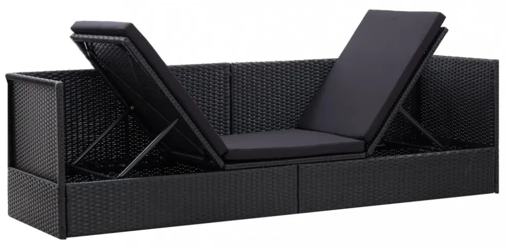 fekete polyrattan kerti ágy ülő- és hátpárnával