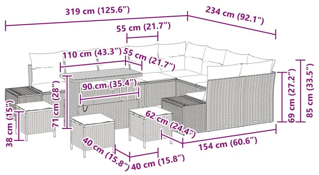 Kerti Kanapé Szett tárolóval 13 pcs Fekete Poli rattan