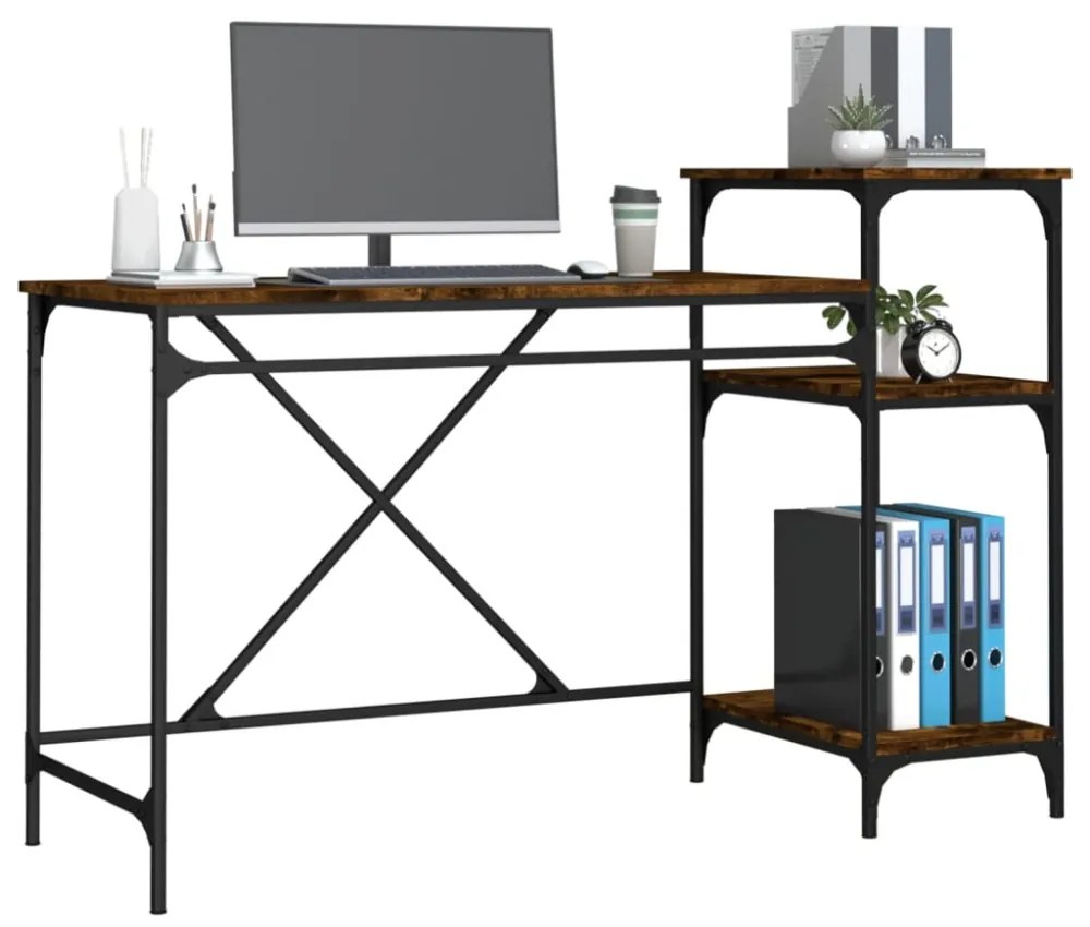 füstös tölgy szerelt fa és vas íróasztal polcokkal 135x50x90 cm