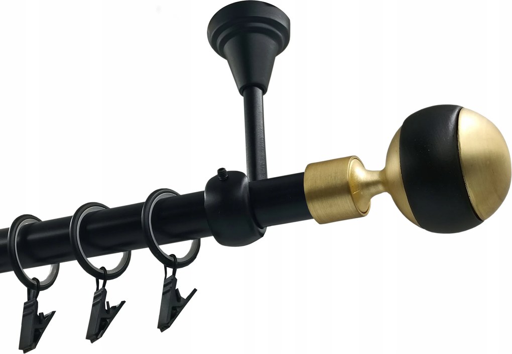 Egyrudas, Fém mennyezeti karnis, 19mm, Matt Fekete, 360cm, Kula Black&amp;gold (Fekete-Arany Gömb Végződéssel)
