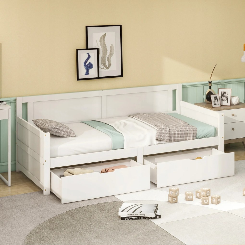 Összecsukható kanapé 90*200 egyszemélyes ágy 2 tárolórekesz fa keret fehér