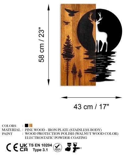Falra szerelhető dekoráció 43x58 cm, szarvas és hold, fa/fém
