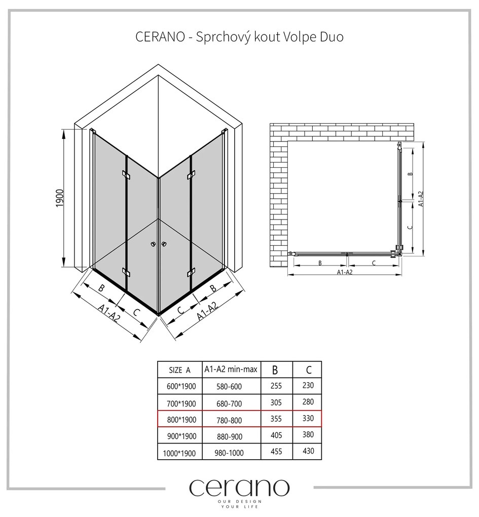 Cerano Volpe Duo, zuhanykabin összecsukható ajtóval 80 (ajtó) x 80 (ajtó), 6mm átlátszó üveg, fekete profil, CER-CER-427381