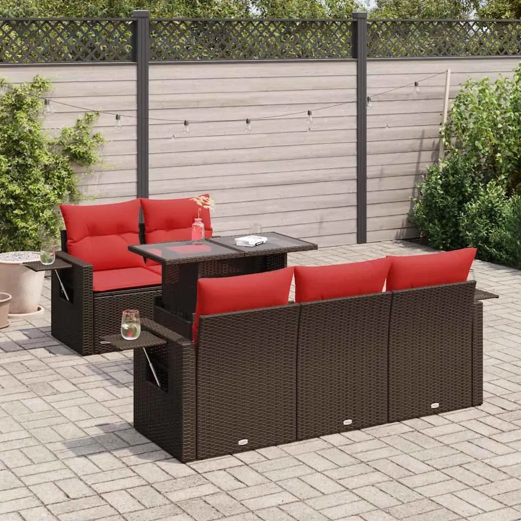 6 részes barna polyrattan akácfa kerti ülőgarnitúra párnákkal