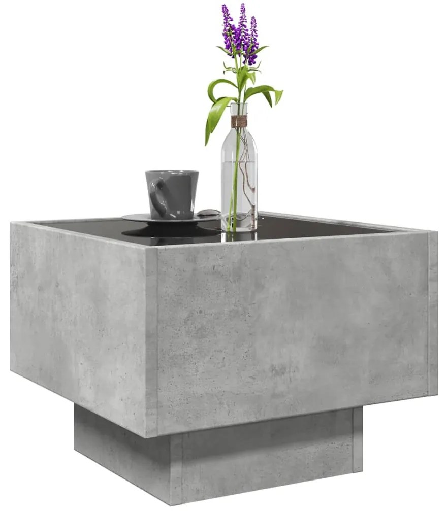 Betonszürke szerelt fa kisasztal LED-del 40 x 40 x 30 cm