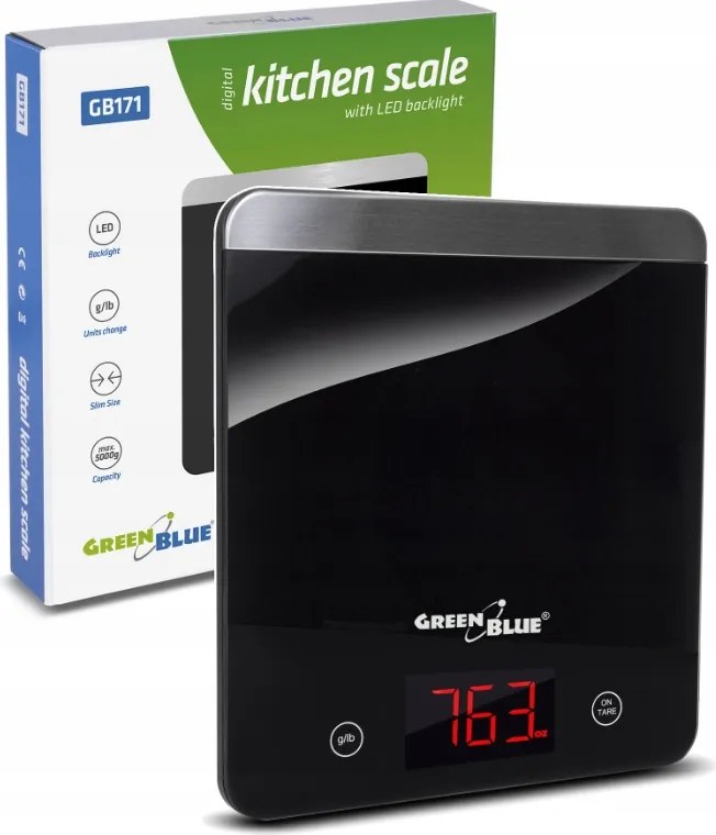 Konyhai Mérleg Elektronikus GreenBlue Üveg Led Precíziós Fekete 5kg-ig
