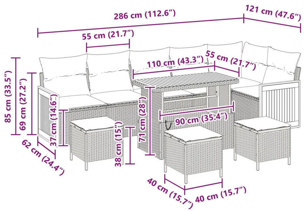 9 részes Kerti Kanapé Készlet Párnákkal Fekete Poly Rattan, 2-személyes Kerti Kanapé Párnákkal Fekete Poly Rattan, 3 részes Kerti Étkező Készlet Párnákkal Fekete Poly Rattan