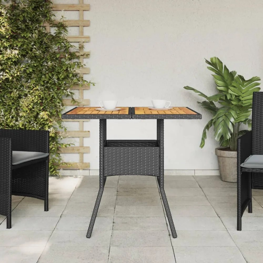 fekete polyrattan kerti asztal akácfa lappal 80 x 80 x 75 cm
