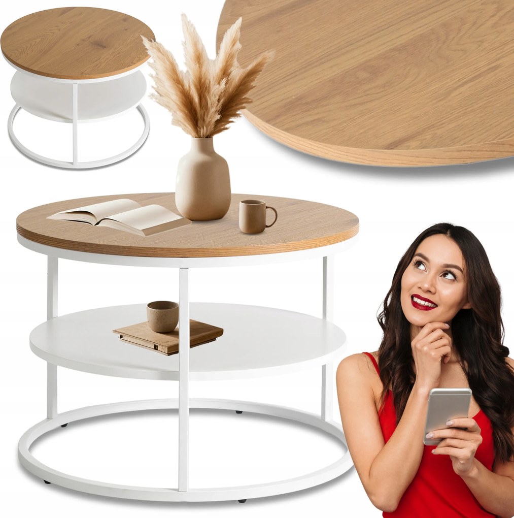 Dohányzóasztal Kerek Skandináv Pad Nappali Kanapé Fehér Tölgy Best Ø70