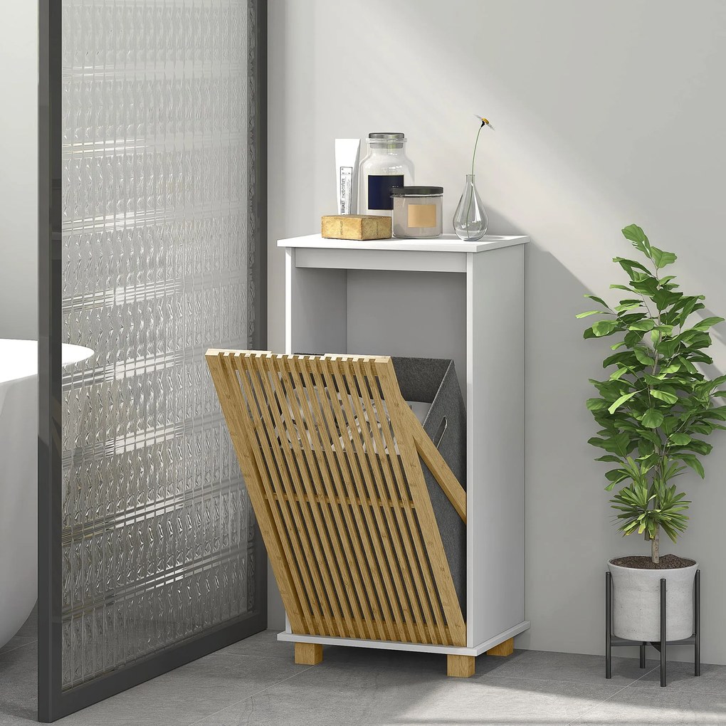 HOMCOM Fürdőszobai Szekrény Mosókosárral, Tárolószekrény Bambusz Rácsos Ajtóval és Eltávolítható Táskával, 40 x 30 x 80 cm, Fehér és Természetes Fa Ha