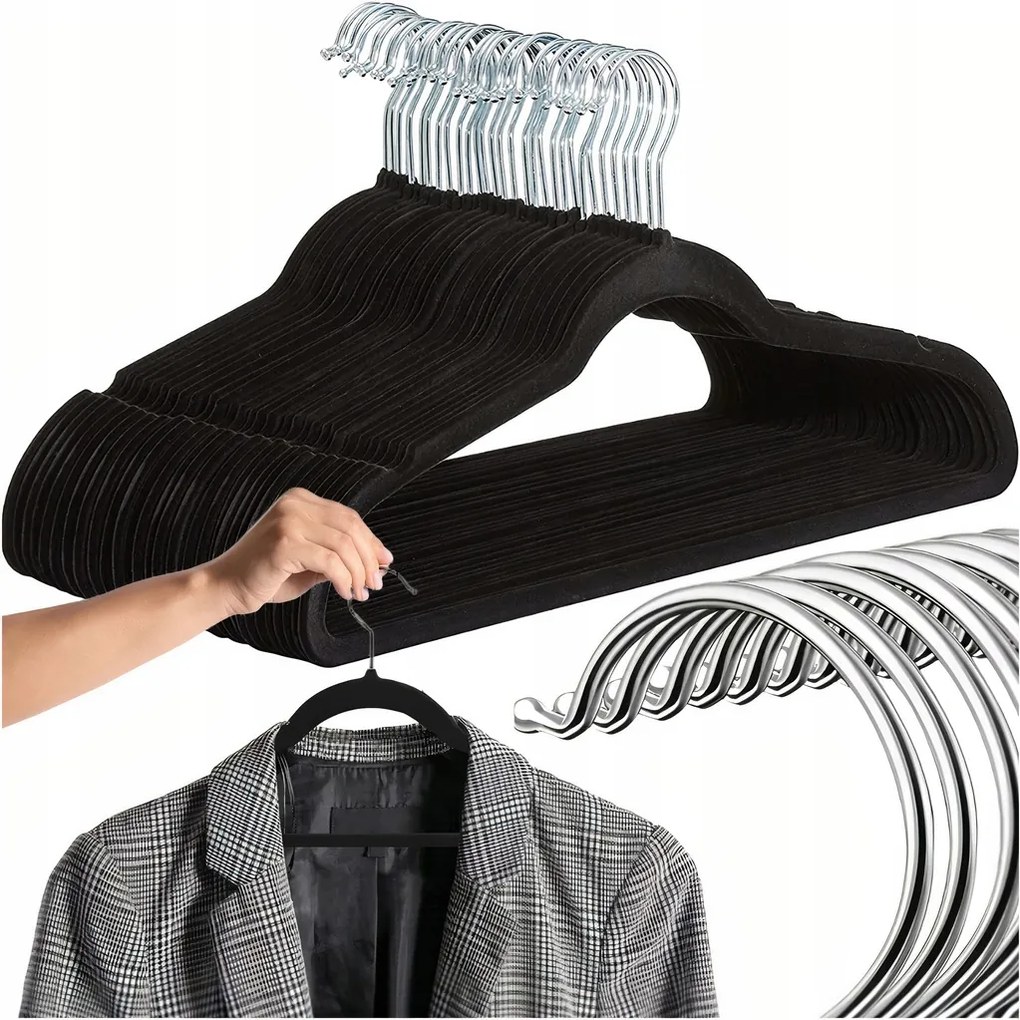 Velúr Ruhaakasztók Szekrényhez Bársony Prémium Szett Fekete 20DB