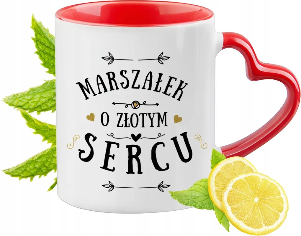 Piros bögre szív alakú füllel a marsallnak ajándékba