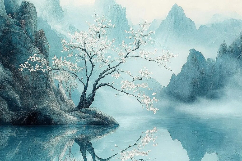 Vászonkép Canvas Tájkép Ázsia Japán Türkiz Hegyek Köd Sakura 60x40