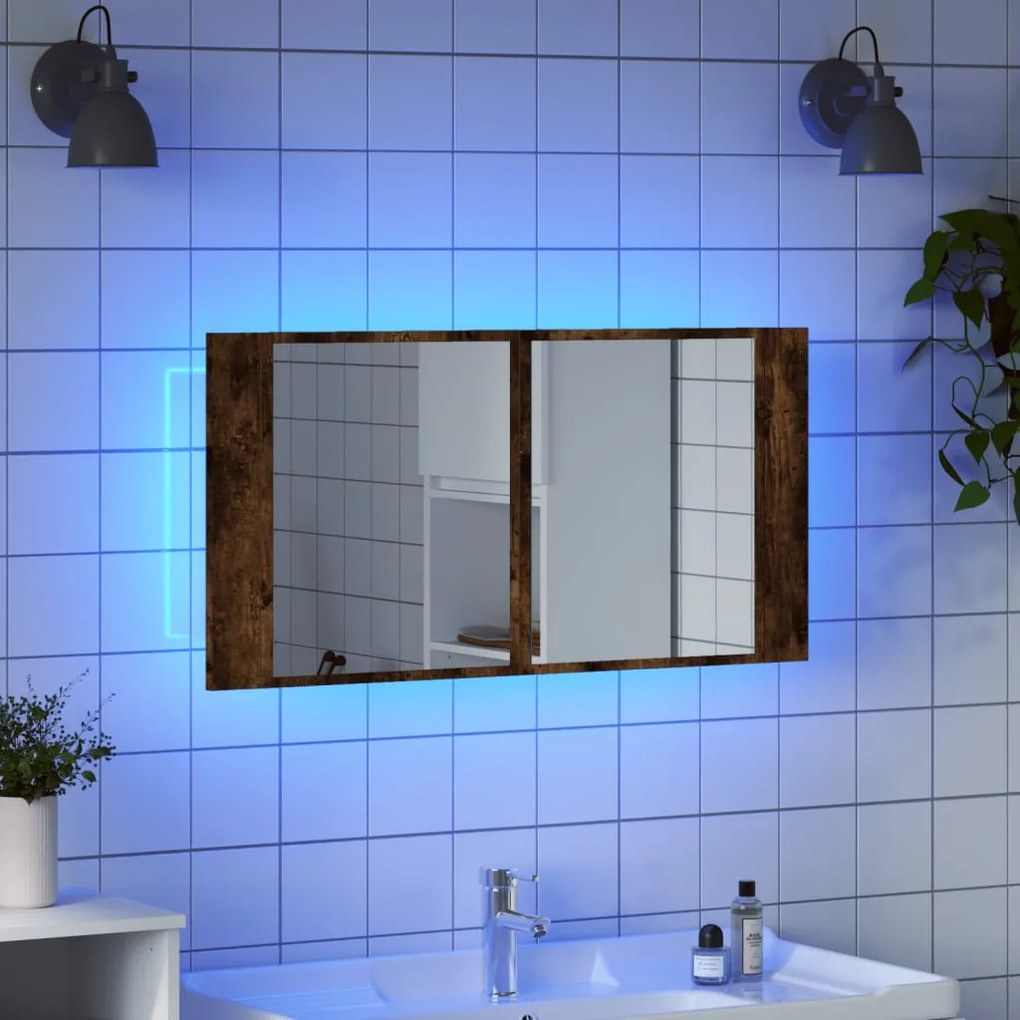 füstös tölgy akril LED-es tükrös fürdőszobaszekrény 90x12x45 cm