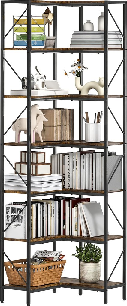 HOMCOM 7 Polcos L-alakú Sarok Könyvespolc, Ipari Tároló Polc a Nappaliba, Hálószobába, Irodába, 60 x 60 x 198 cm, Rusztikus Barna | Aosom