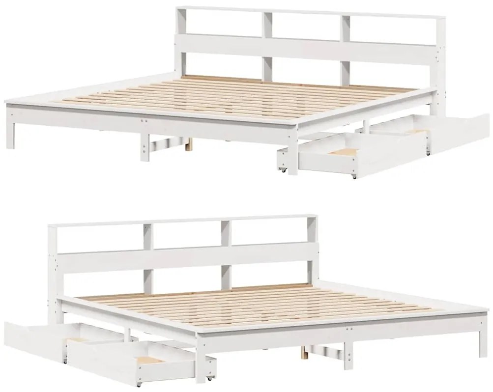 fehér tömör fenyőfa könyvespolcos ágy matrac nélkül 200x200 cm