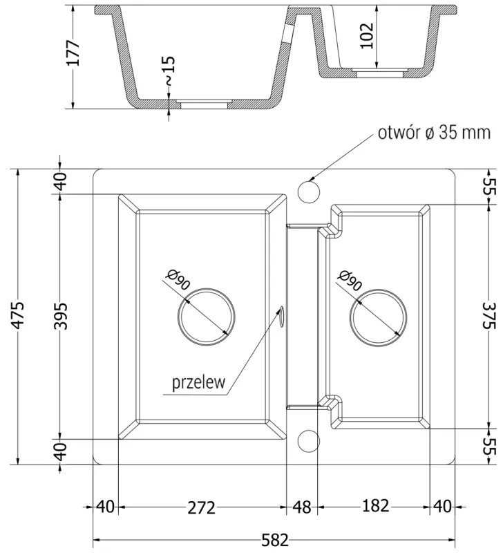 Mexen Carlos, 1,5 kamrás gránit mosogató 582x475x177 mm és Elia mosogató csaptelep, fekete-arany metál, 6518-75-670101-70-B