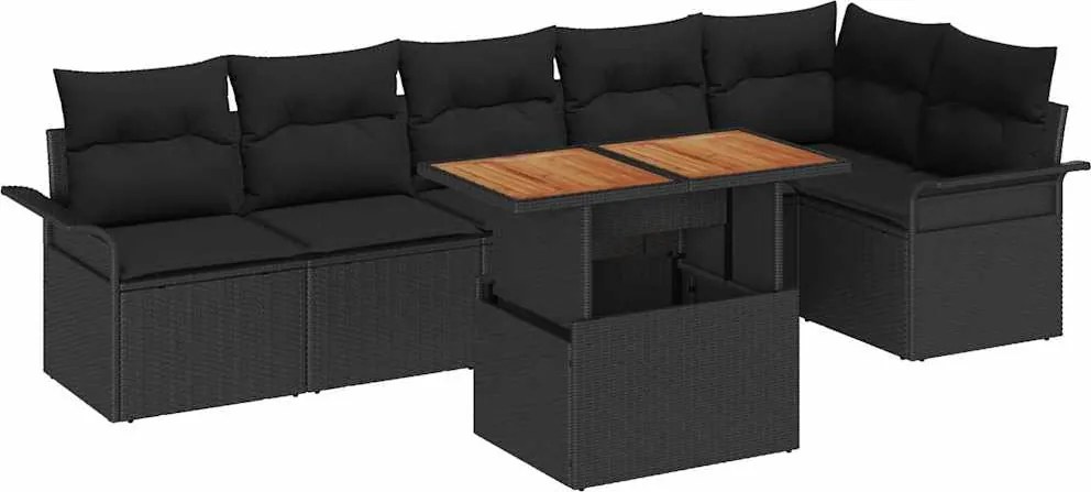vidaXL Kerti Kanapé Szett tárolóval 7 pcs Fekete Poli rattan