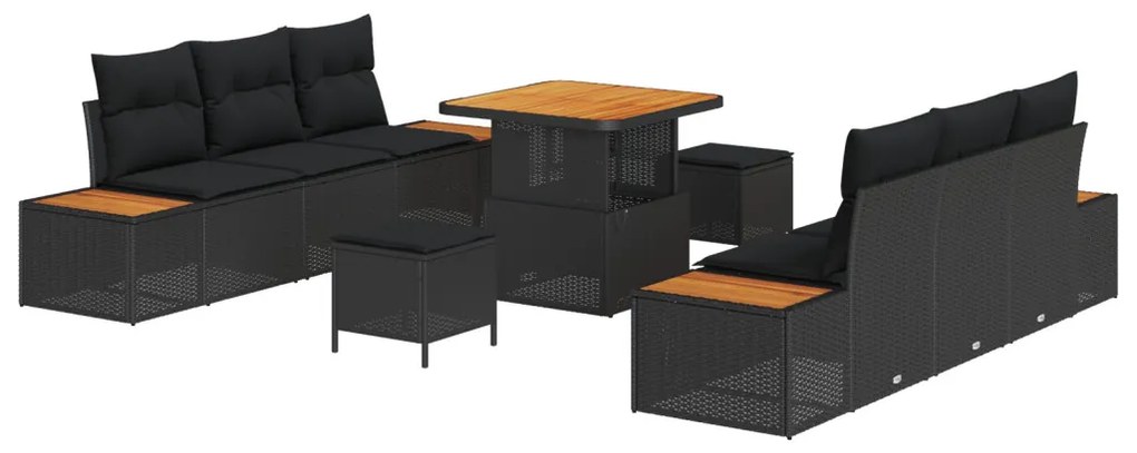 9 részes kerti kanapészett párnákkal, fekete poli rattan akáciából, 3 részes kerti étkezősor, párnákkal, fekete poli rattan akáciából