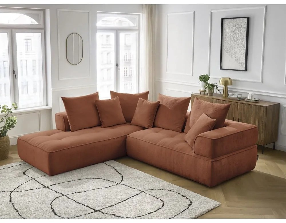 Terrakotta színű zsenília sarokkanapé (bal oldali-L alakú) Whesley – Bobochic Paris