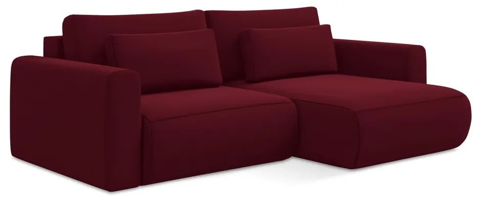 Borvörös bársony kinyitható-tárolóhelyes sarokkanapé (jobb oldali-heverő résszel) Kapua – Makamii